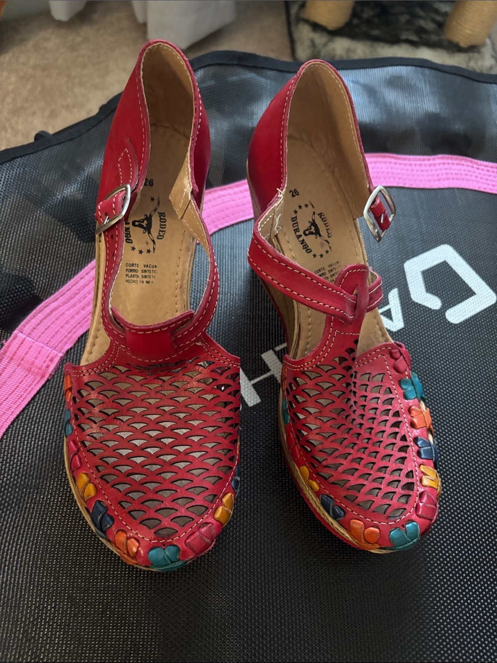 Women’s Red Woven Leather Sandals with Multicolor Trim
